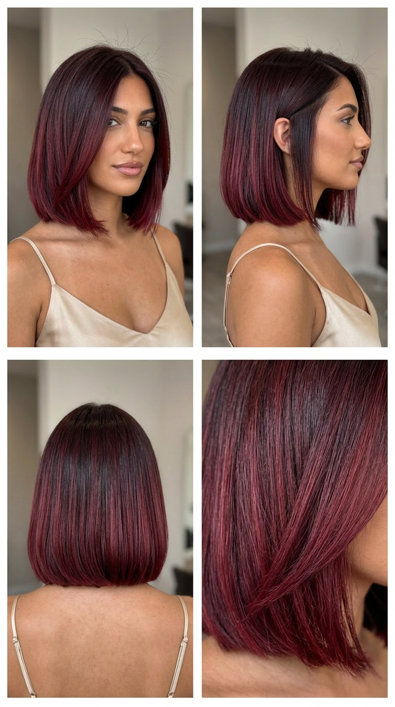 chin-length cherry red ombre bob with blunt cut and deep side part
