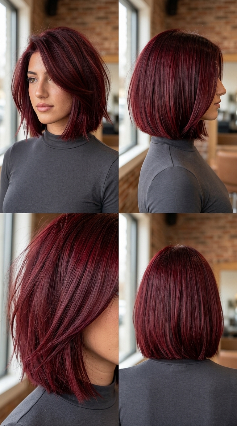 chin-length blunt bob haircut in deep cherry red, razored ends, no bangs — bold rebellious