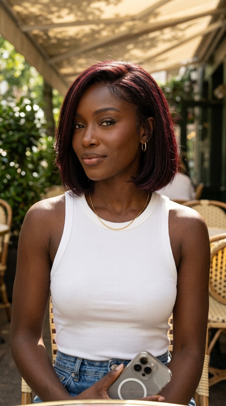 chin-length textured bob in deep violet-red with black ink lowlights, side-swept fringe, softly blunt perimeter — playful chic
