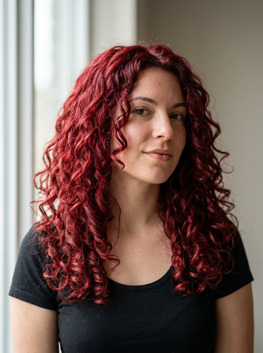 long curly haircut in cherry red with crimson and violet undertones, voluminous curl layers — bold and fiery