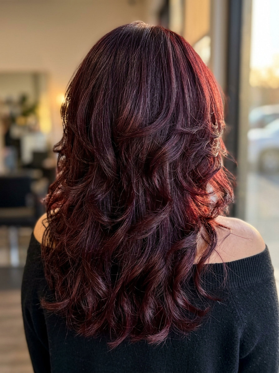 long midi-shag haircut in deep cherry red-violet brunette with extreme graduated layers and full fringe for glamorous look