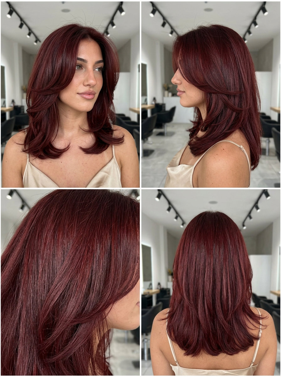 medium layered haircut in deep cherry red with auburn undertones, C-shaped layers, no bangs — bold retro look