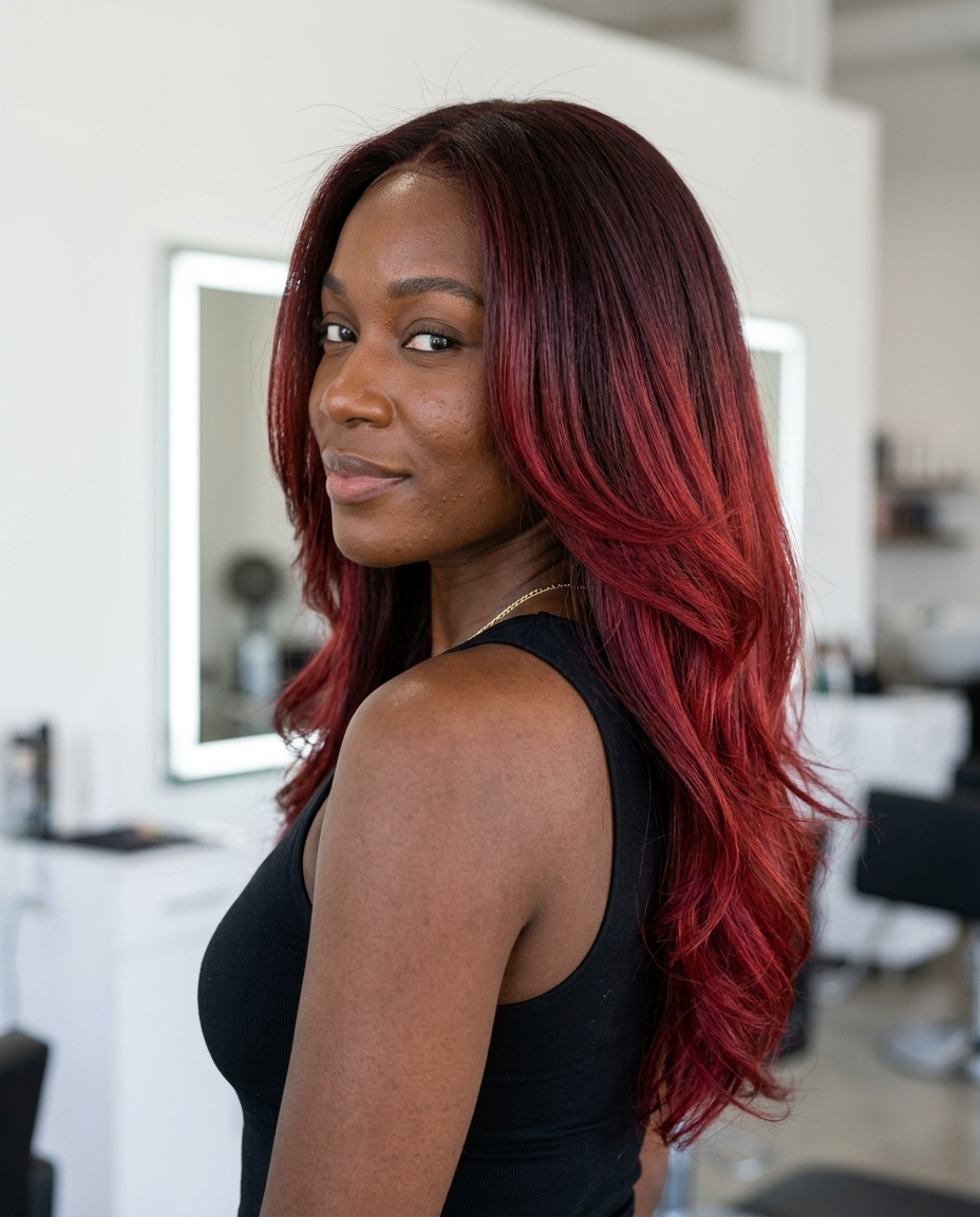 long dimensional summer ombre hair color 2026 with deep cherry red-violet, color-melting technique, V-cut layers — bold & dramatic