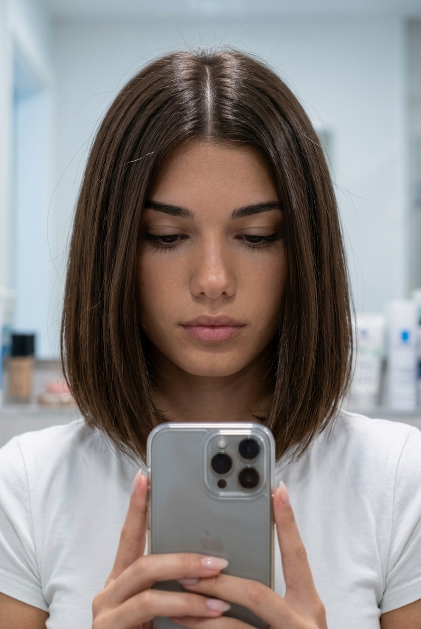 chin-length blunt bob haircut in rich chocolate brown, subtle point cutting, no bangs — classic elegant