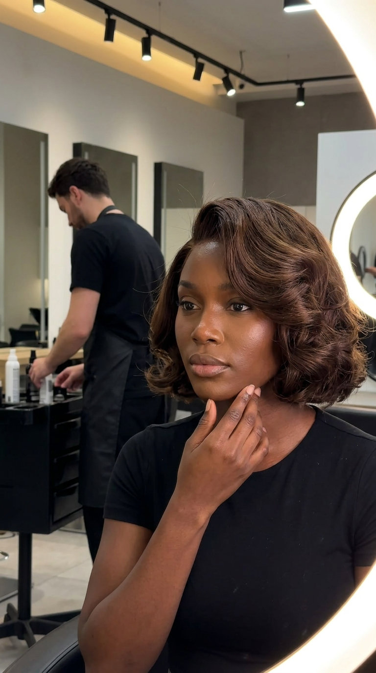chin-length blunt bob haircut in chocolate brown with vintage curls for summer