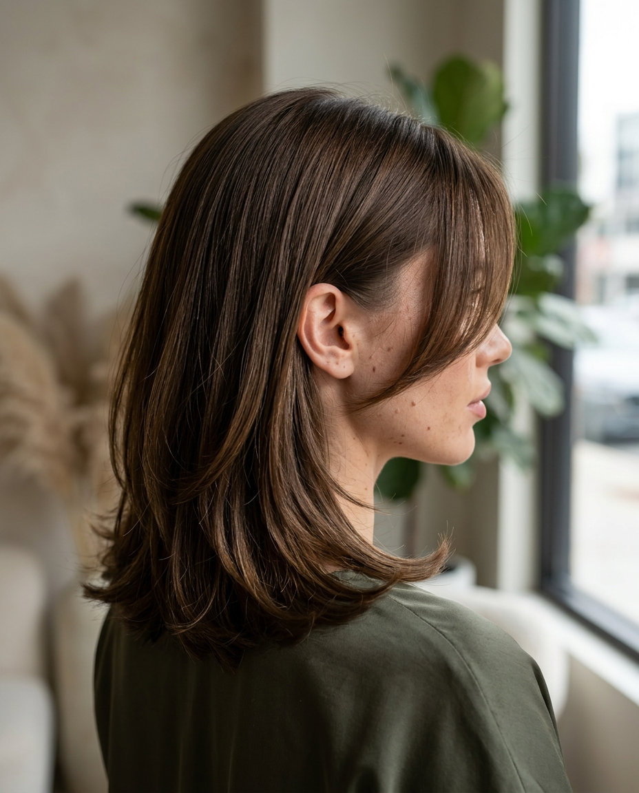 collarbone-length layered curve cut in deep chocolate brown, U-shaped back for chic polish