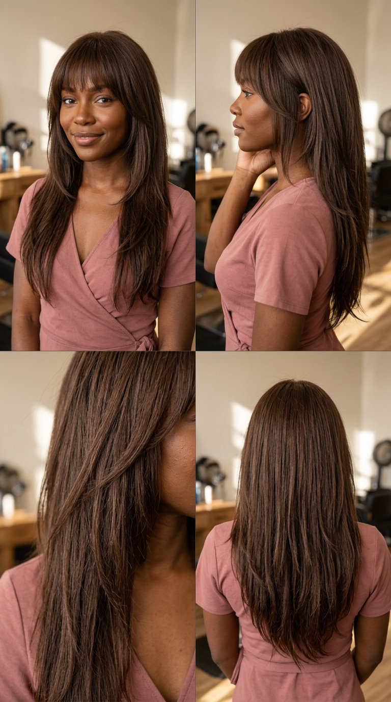 long hush cut with full fringe in chocolate brown for summer 2026