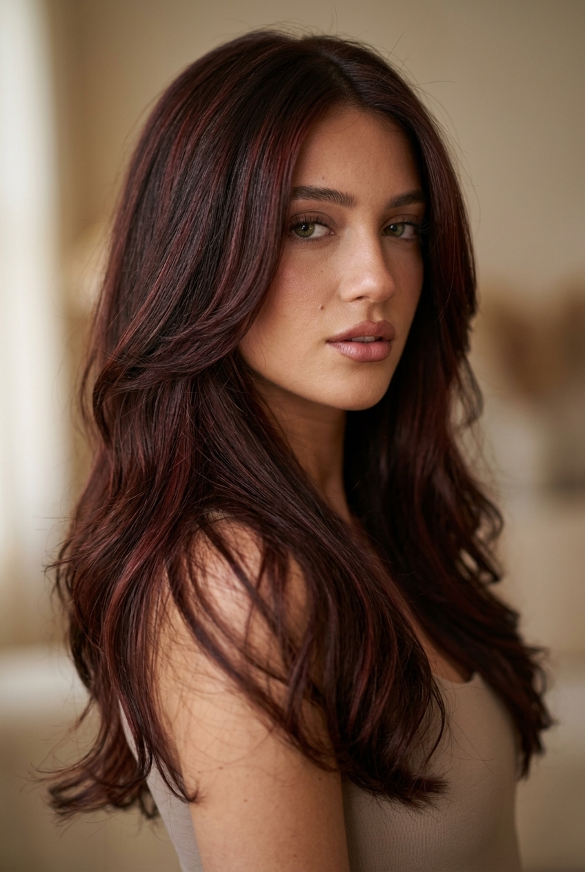 long layered hair in chocolate brown with cherry red-violet balayage, soft flowing layers, and V-shape back — sultry and rich