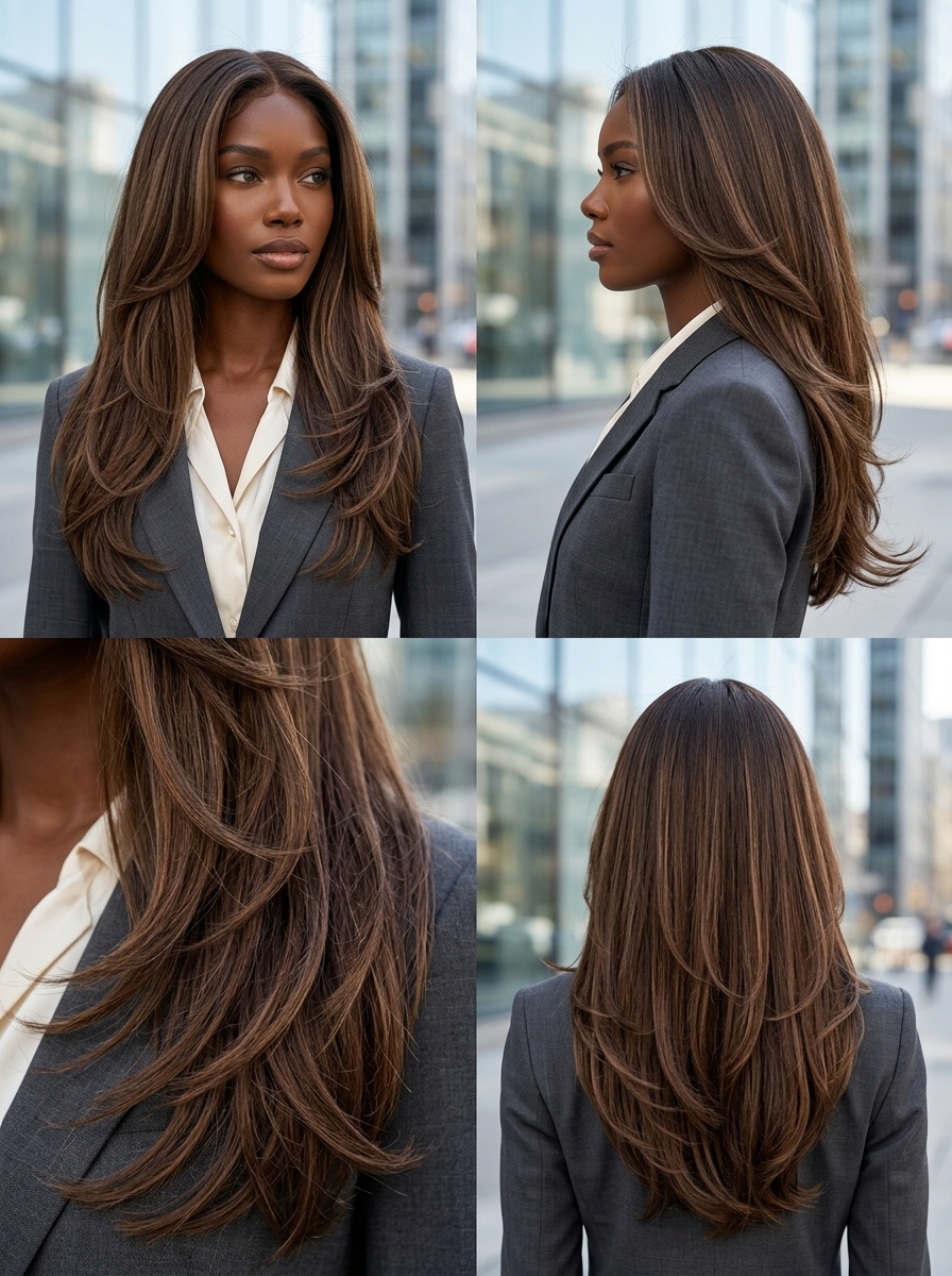 long layered haircut with chocolate brown highlights, polished U-shape for professional event
