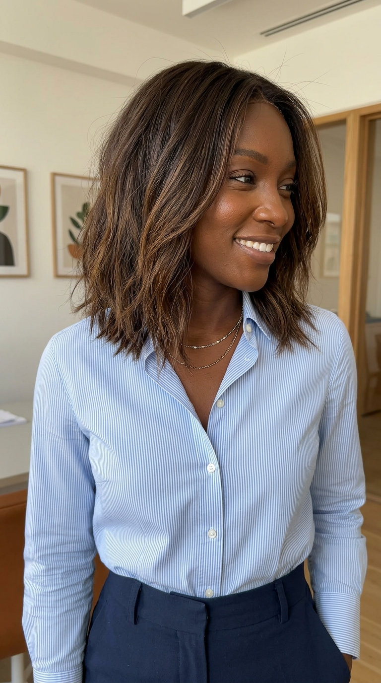 shoulder-length lob haircut in natural chocolate brunette with caramel lowlights, textured ends for summer
