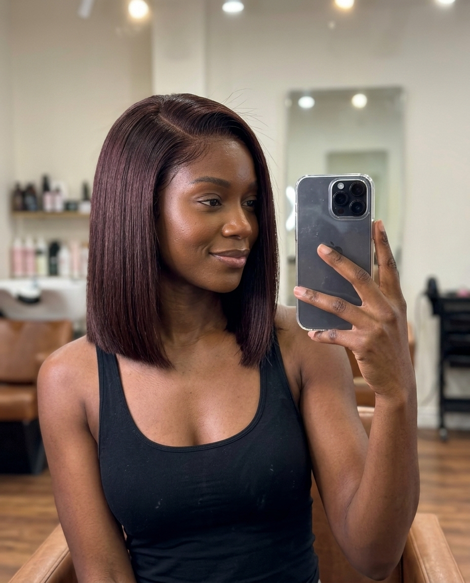 chin-length chocolate cherry bob with subtle red undertones, blunt cut — romantic sultry