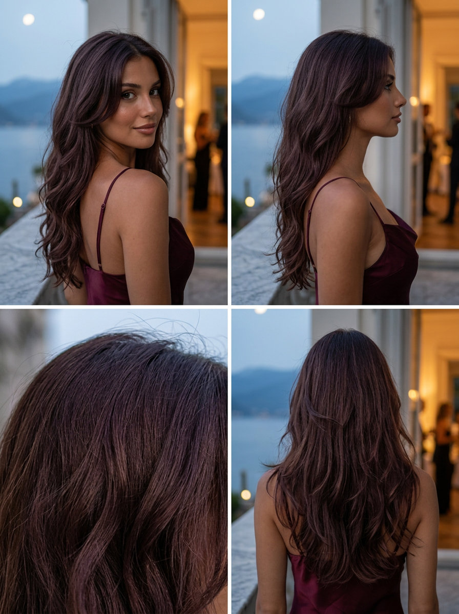Chocolate Cherry Waves 2026 long chocolate cherry haircut with textured waves and cascading layers for romantic look