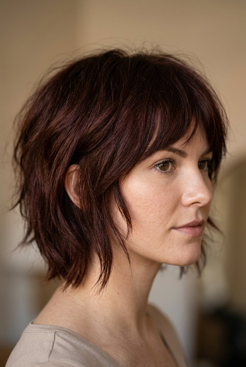 short chocolate cherry bixie with red undertones, shaggy point-cut layers for playful boho wear