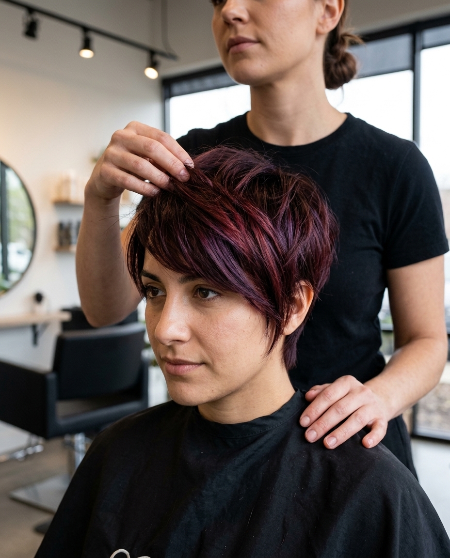 short pixie haircut in chocolate cherry with violet-red tones, point-cut textured layers for an edgy look — bold and rebellious