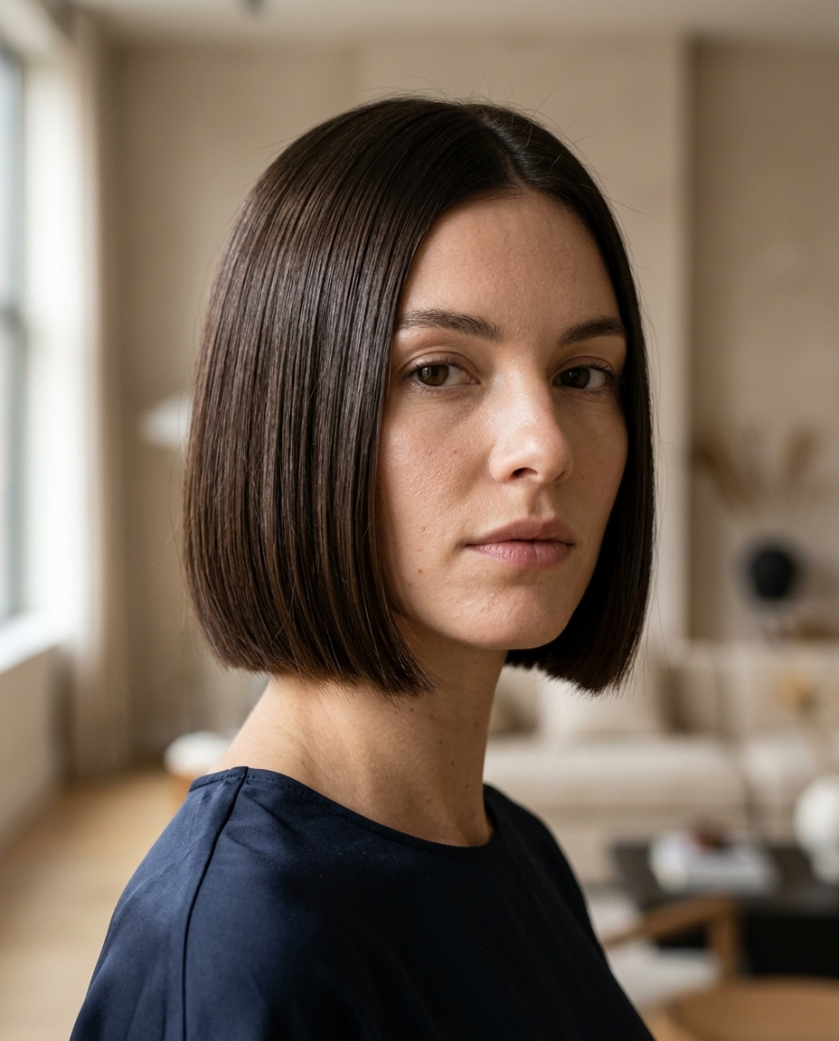 chin-length blunt bob in deep chocolate brown with high gloss, razor-sharp perimeter — chic, sophisticated, polished