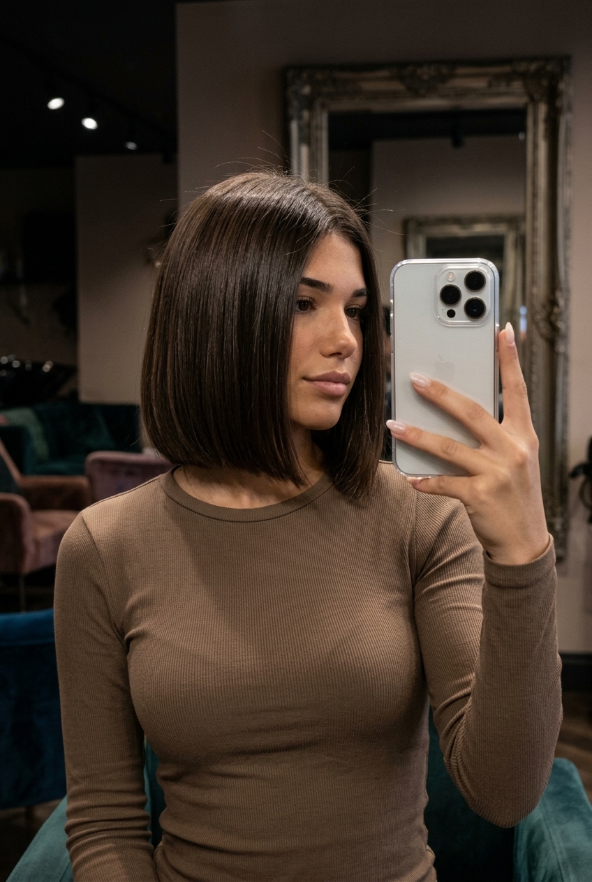 chin-length italian bob haircut in deep chocolate truffle brown with mocha undertones, blunt perimeter — sophisticated daily wear