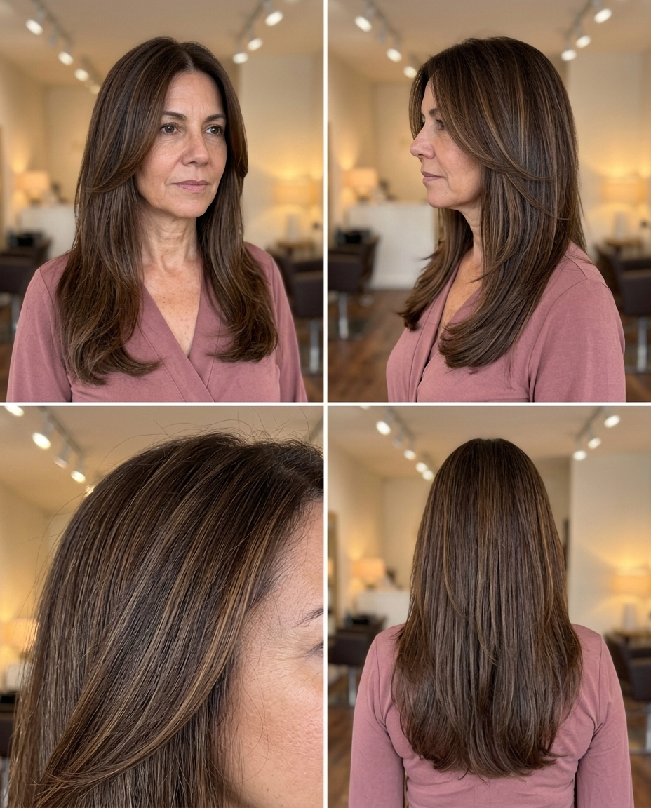 long U-cut haircut in chocolate brown with caramel babylights, face-framing layers — romantic elegant look