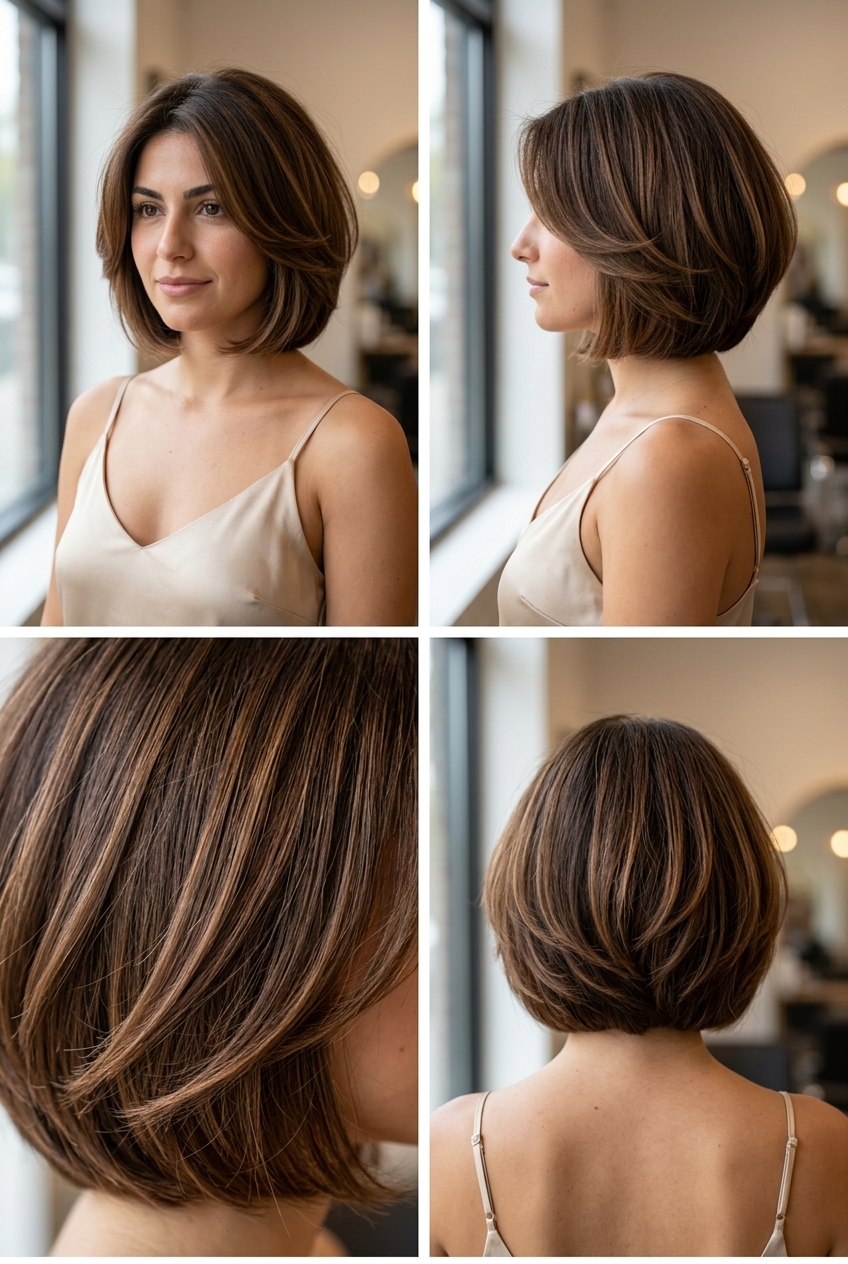 short bixie haircut with chocolate brown, caramel balayage, face-framing layers, salon summer bixie haircut 2026