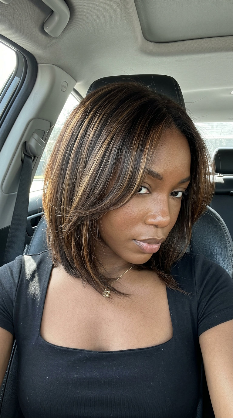 short layered bixie haircut with deep chocolate brown caramel swirl, high-shine gloss — sophisticated professional