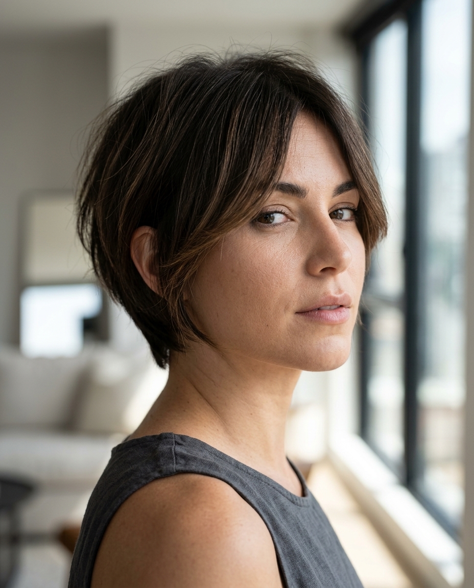 short layered crop with faded nape in cool chocolate with beige balayage, piecey fringe — minimalist, edgy, effortless