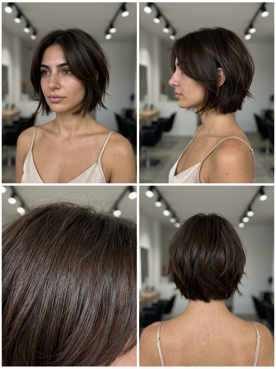 short layered chocolate brown haircut with textured layers and no fringe for effortless chic