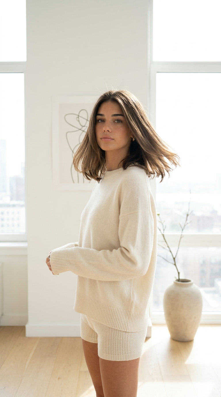 collarbone-length cut with clear gloss, natural hair color, and ghost layers for minimalist sophisticated style