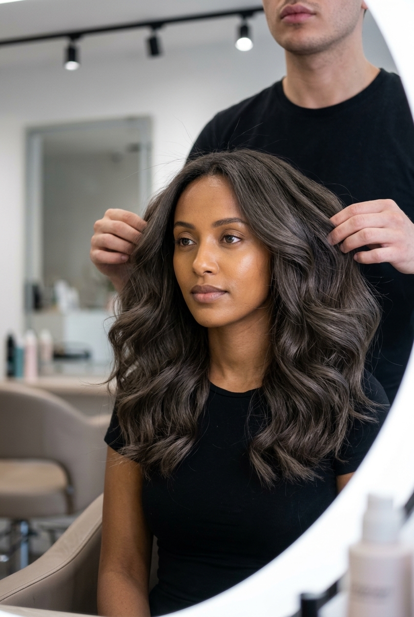 long layered haircut with cold brew cocoa midnight brunette, soft glaze, face-framing pieces — relaxed