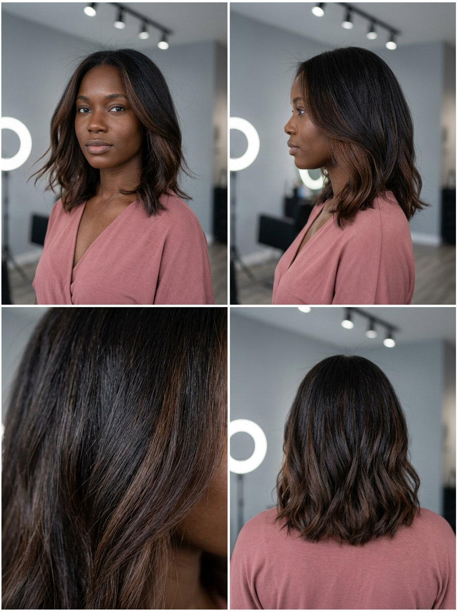 shoulder-length cold brew cocoa underneath color with midnight brunette top, subtle mystery