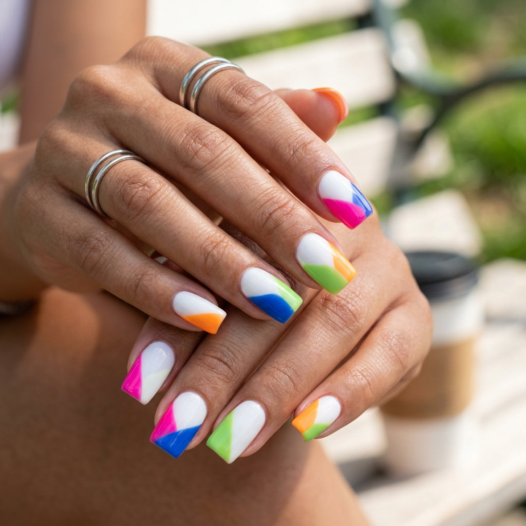 Colourful summer nails 2026: Abstract color block square nails in hot pink, blue, green, orange. Festival style.
