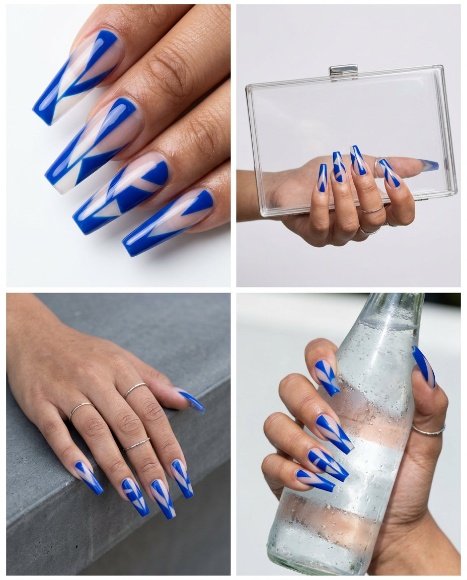 Colourful summer nails 2026: Cobalt blue negative space on stiletto nails. Edgy fashion event style.