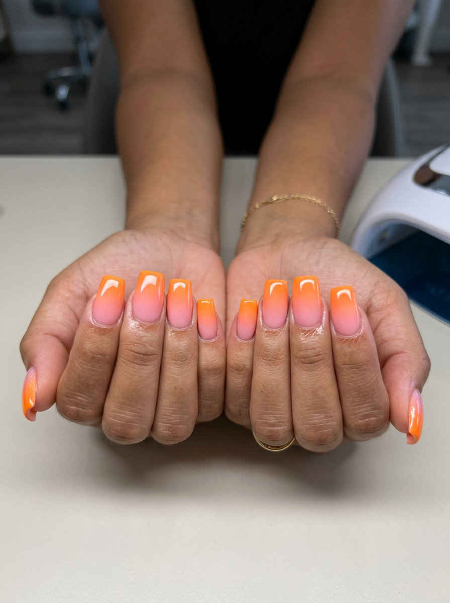 Golden hour ombre square nails in orange, coral, and pink for romantic colourful summer nails 2026.