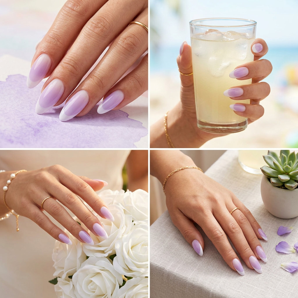 Colourful summer nails 2026: Lavender ombre cloud French tips on almond nails. Romantic wedding guest style.