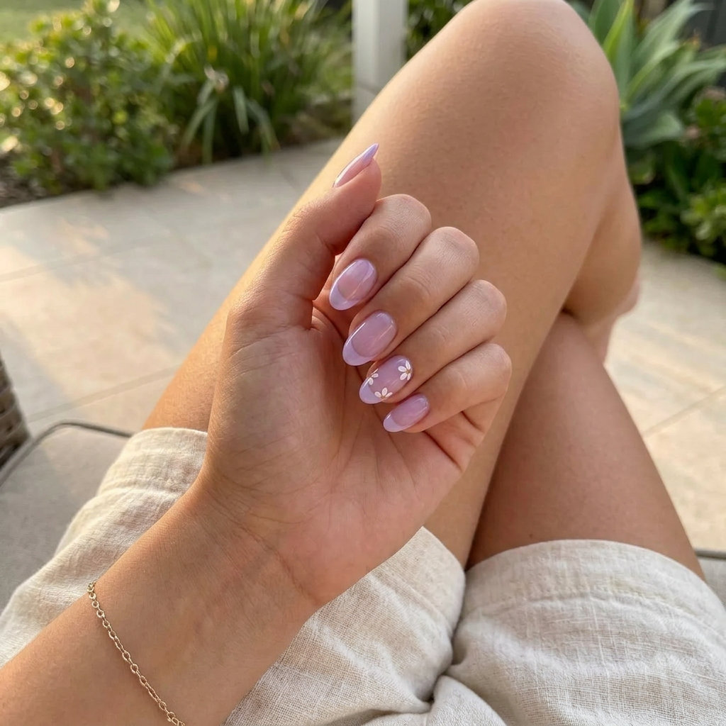 Romantic lavender jelly French nails with white petals for weddings and garden parties. Colourful summer nails 2026.