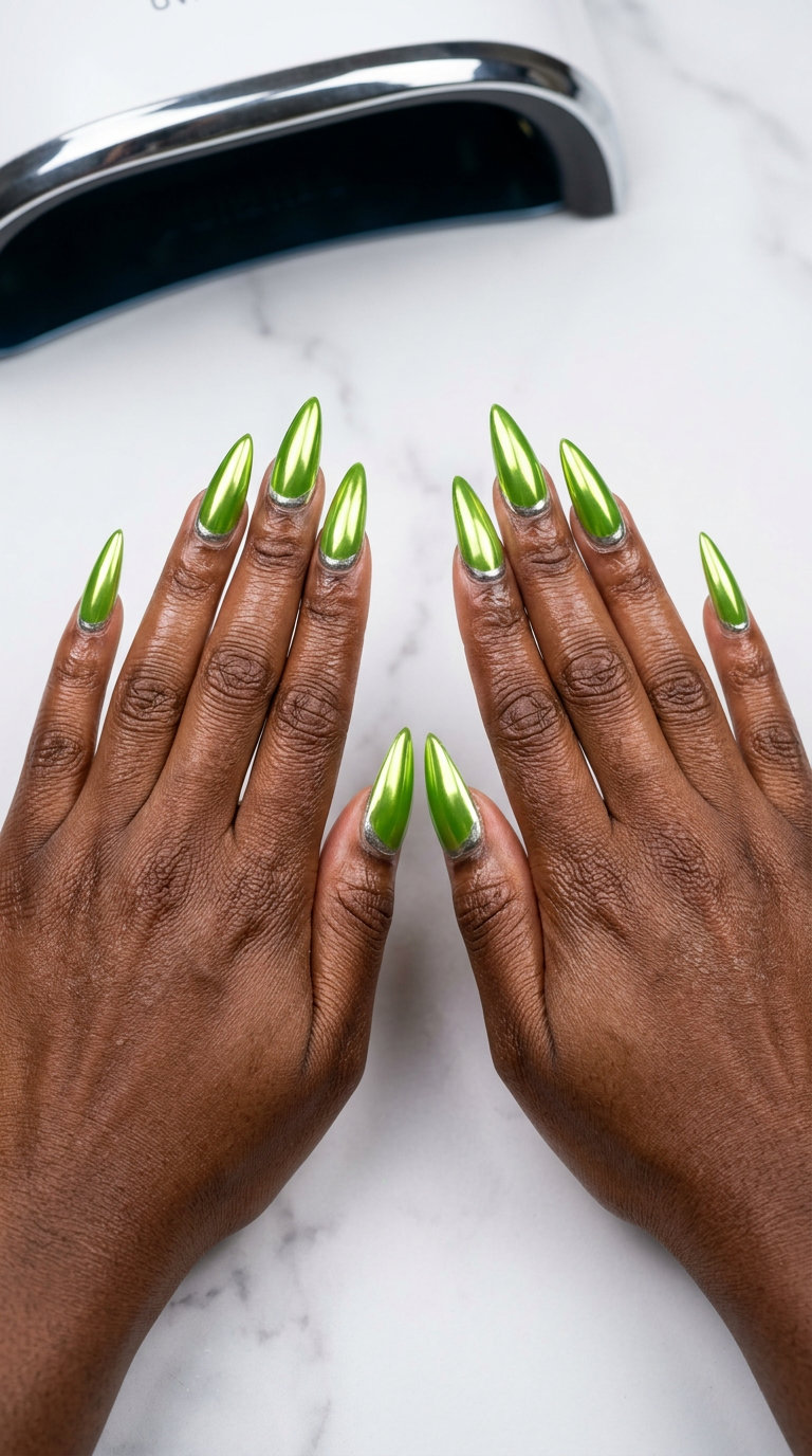 Colourful summer nails 2026: Lime green with chrome cuticle accent. Edgy festival style.