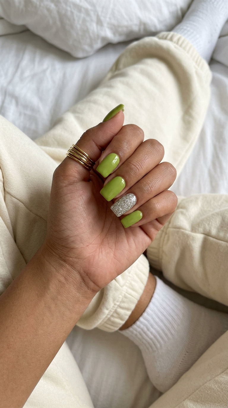 Playful lime green nails with a sparkling silver glitter accent for festivals. Colourful summer nails 2026.
