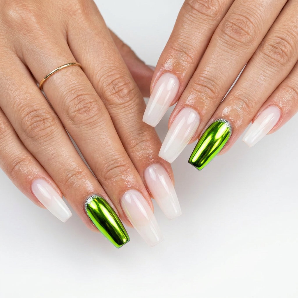 Neon green chrome accent nails with milky nude base, perfect for colourful summer nails 2026 party looks.