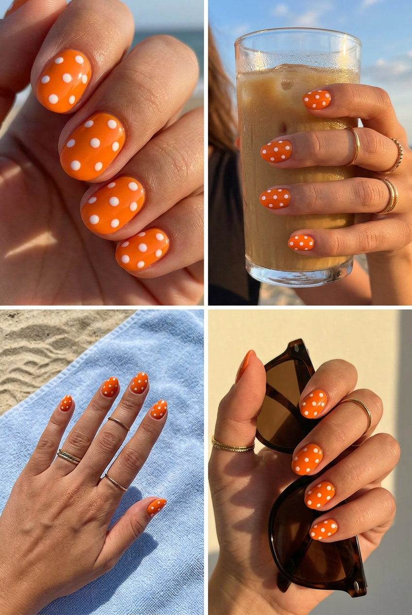 Cheerful sunny orange polka dot nails for casual days and vacations. Colourful summer nails 2026.
