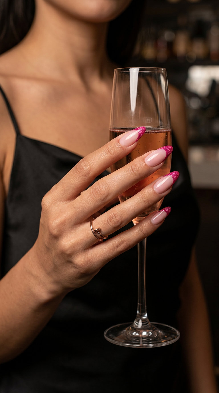 Sparkling hot pink glitter reverse French nails for parties and summer celebrations. Colourful summer nails 2026.
