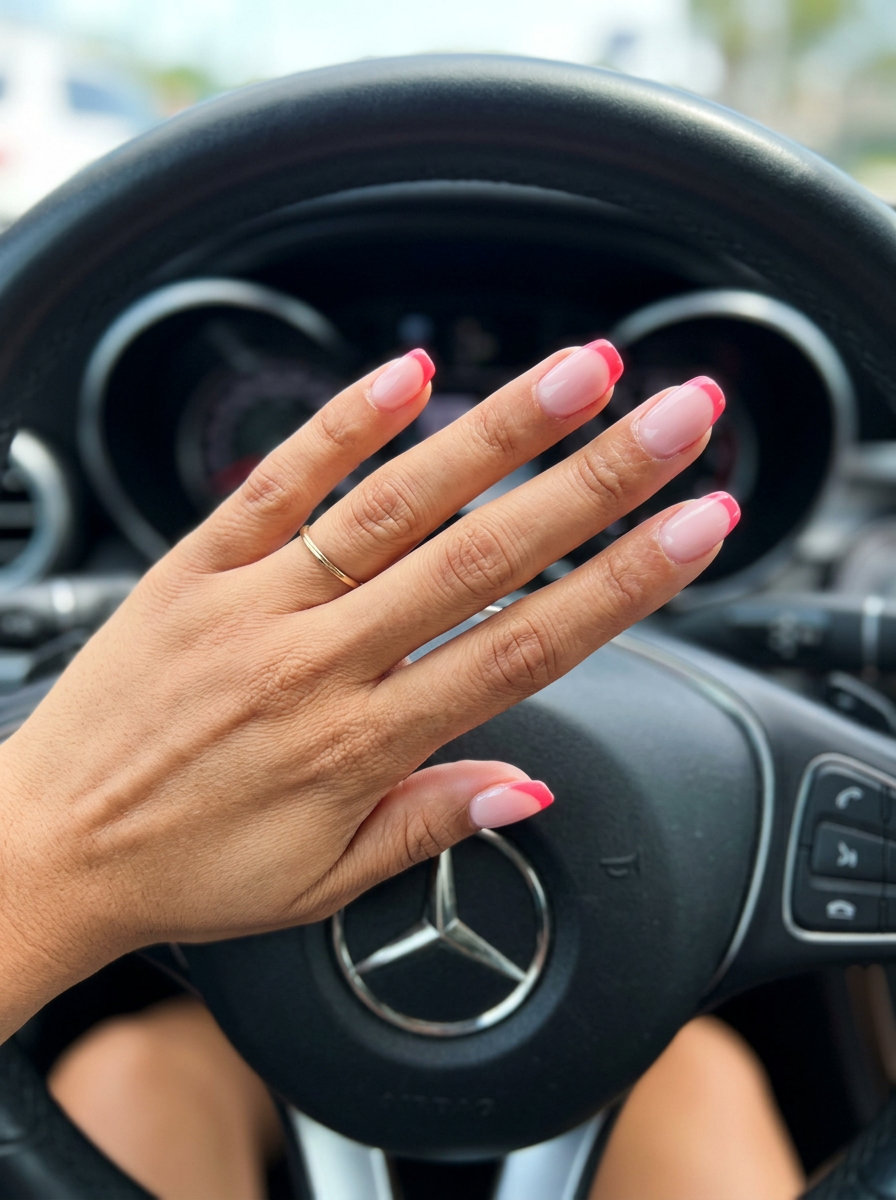 Watermelon pink milky French tip nails for clean and sweet colourful summer nails 2026.