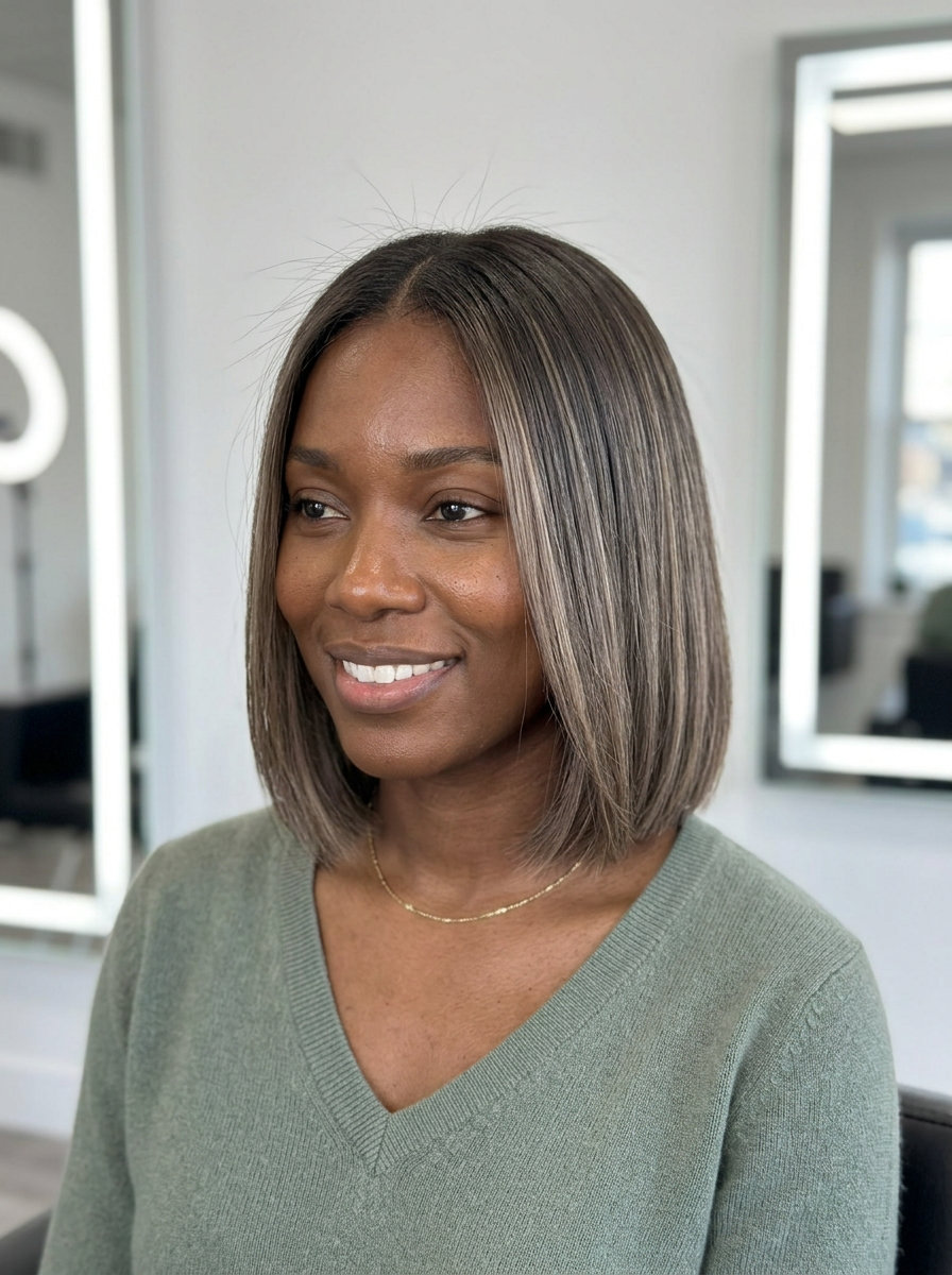 chin-length bob haircut with cool ash brown and smoky blonde, AirTouch technique — sophisticated