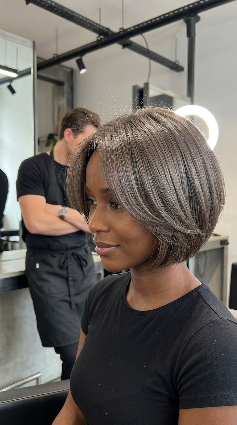 short cool ash brown bixie haircut with smoky taupe undertones, point-cut layers for a sophisticated look