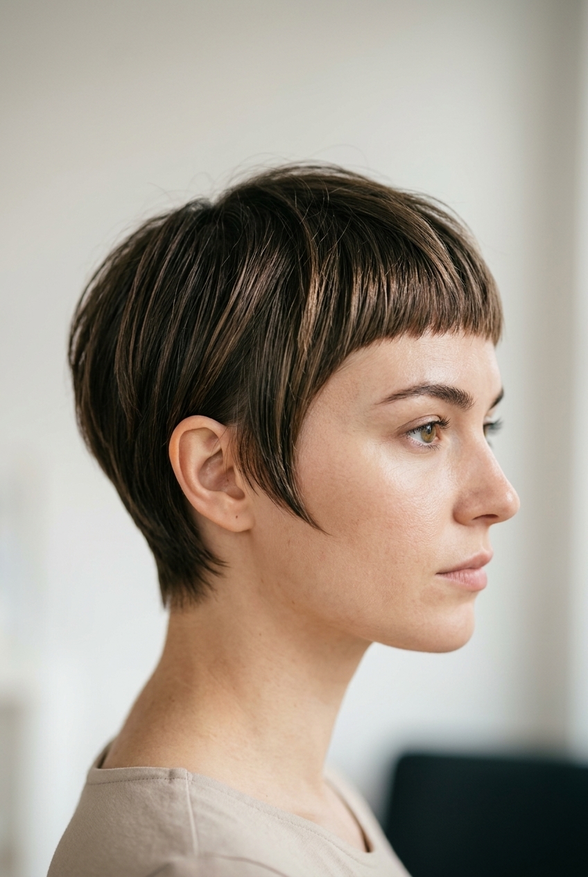 short cool ash brunette pixie haircut with sculpted undercut and micro-fringe for professional events