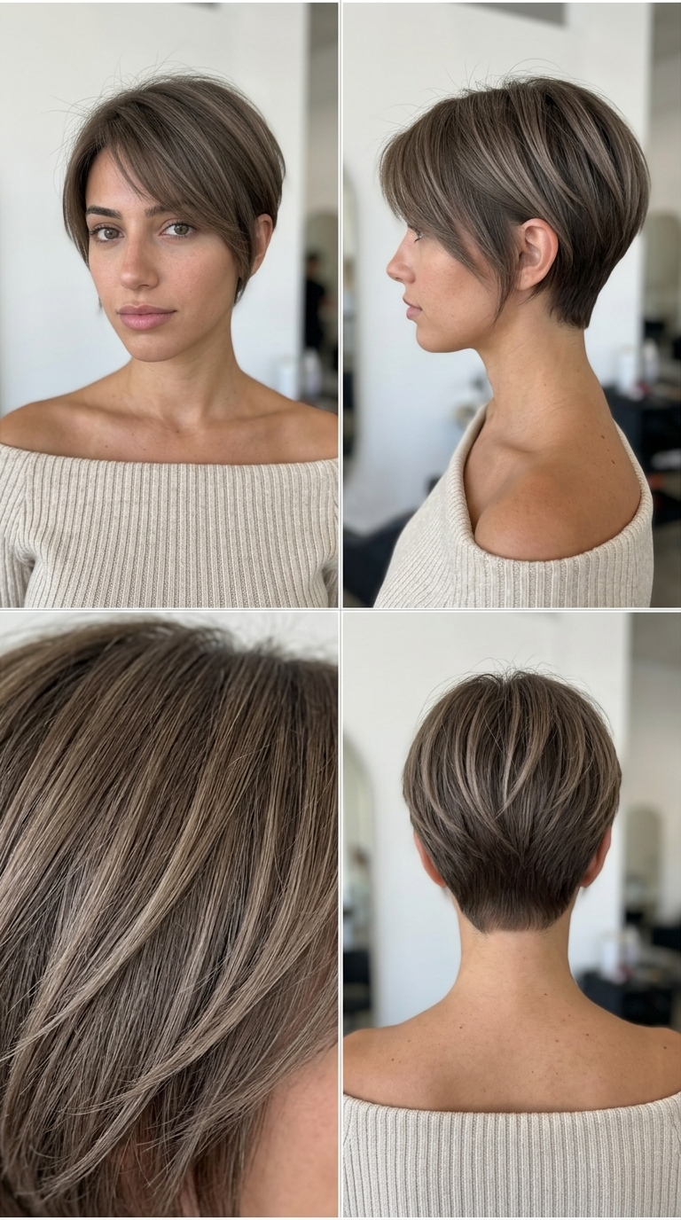 short cool ash mushroom brown pixie cut with tapered sides and textured top for chic edge