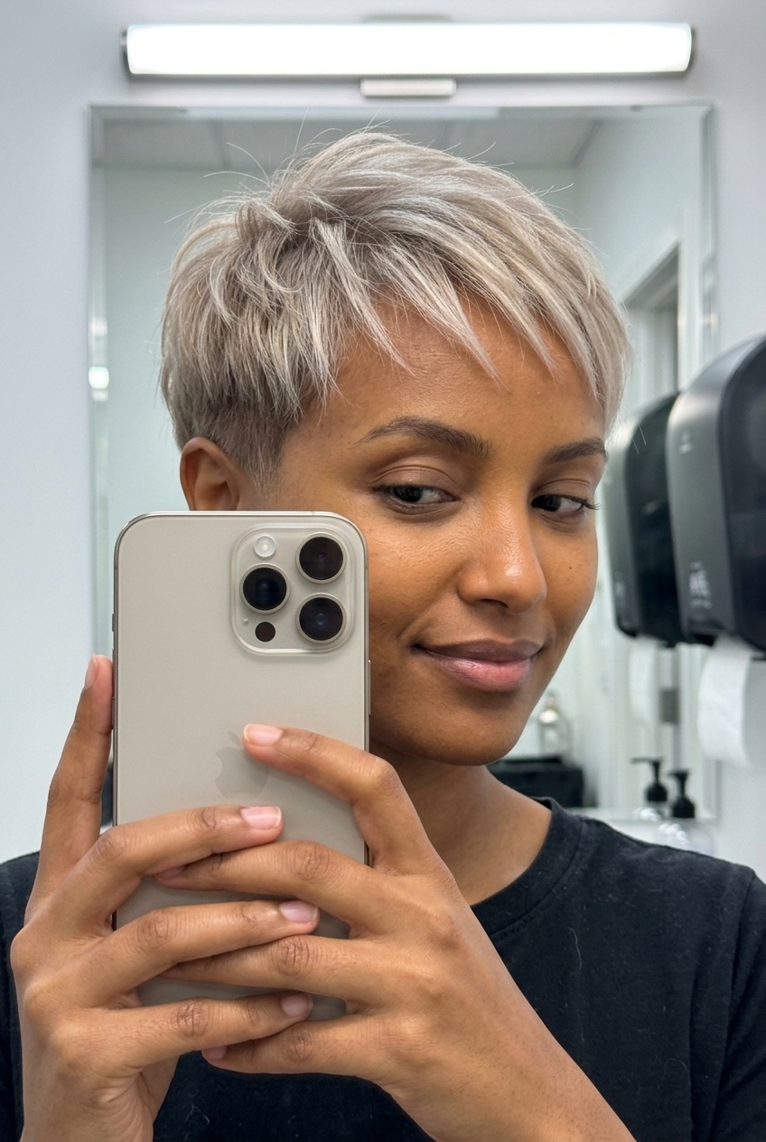 very short pixie haircut with cool beige blonde and subtle root smudge, AirTouch technique — edgy