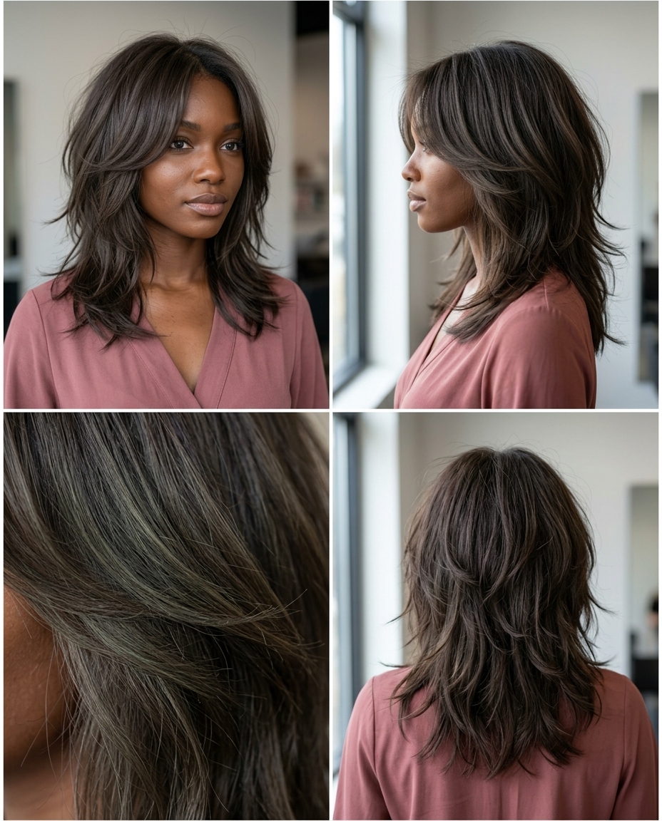 medium cool espresso shag with ash undertones, cool lowlights, face-framing layers — playful retro sophisticated