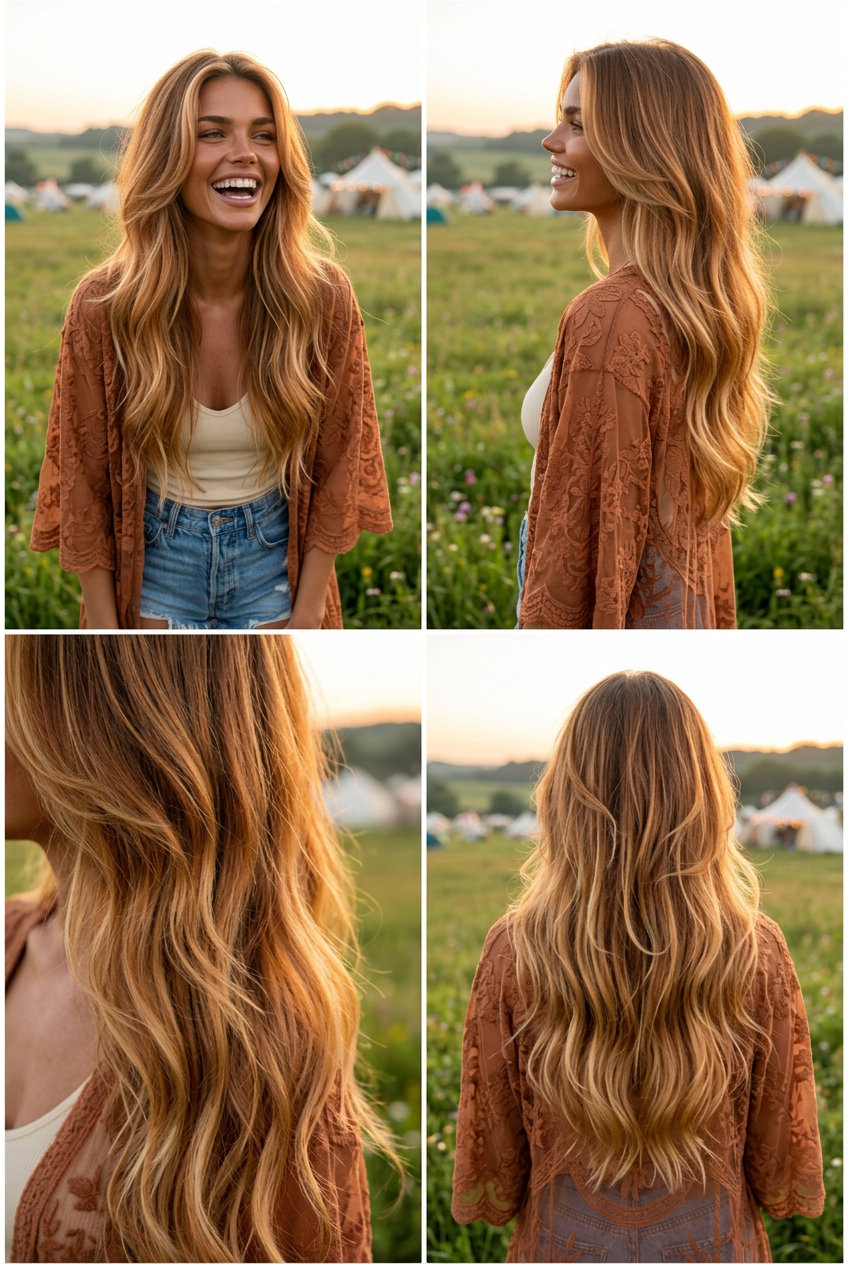 Bohemian Ombré Hair 2026: Sun-Kissed Waves long flowing butterfly haircut in copper blonde ombré with warm golden ends, soft face-framing layers — romantic bohemian festival style