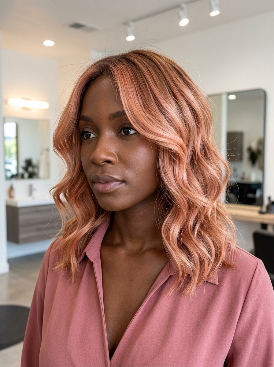 mid-length butterfly cut copper blonde balayage with face-framing layers for playful vibes