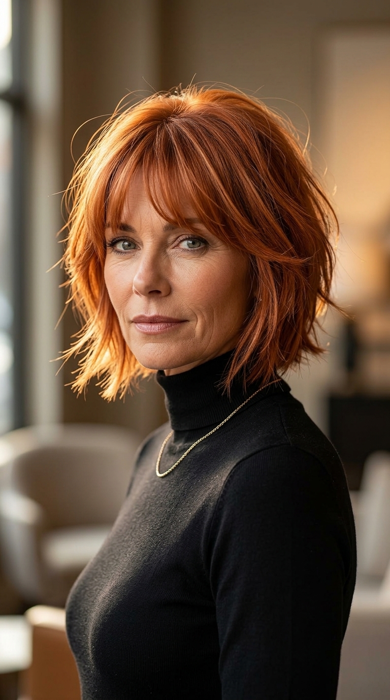 chin-length copper bob with strawberry blonde highlights and wispy fringe
