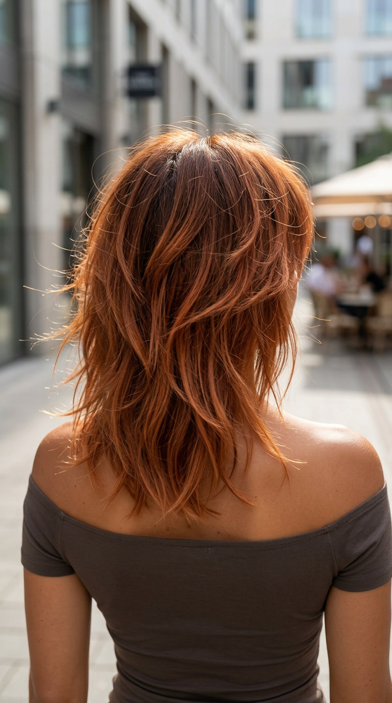 collarbone-length copper auburn shag with curtain bangs and root smudge for casual outing