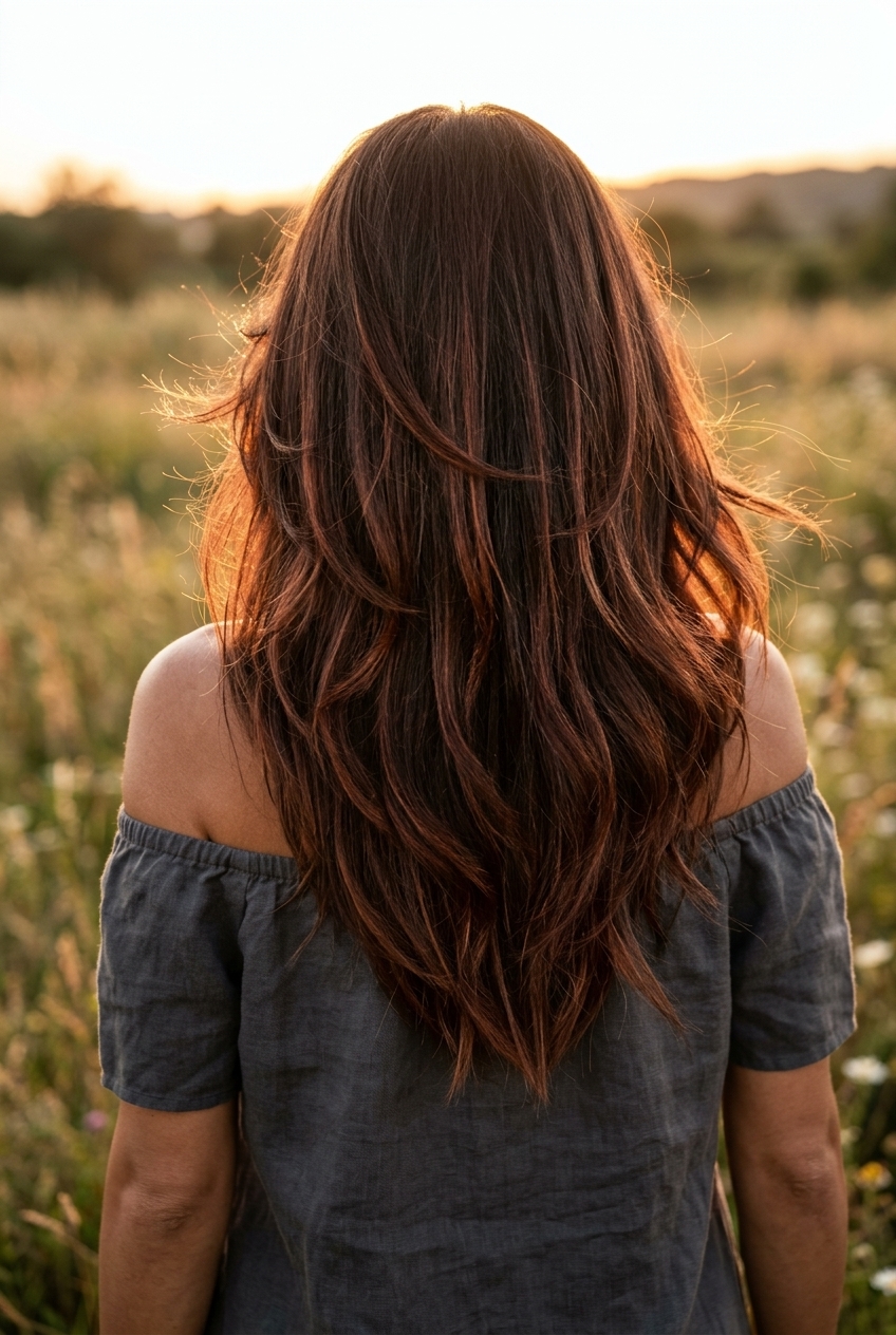 long copper-kissed cocoa waves with subtle bronze lowlights, face-framing layers — bold boho chic